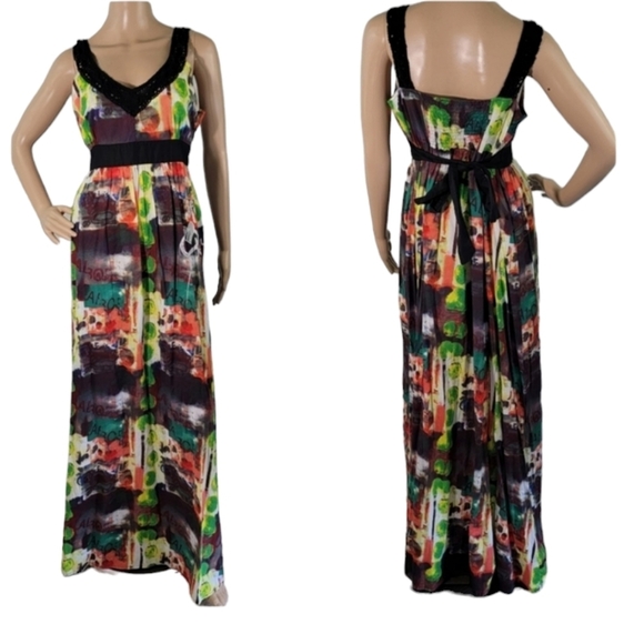 Desigual Womens Maxi Dress Sz 42/L Multicolored Sleeveless Tie Waist Beachy Boho - Picture 1 of 11